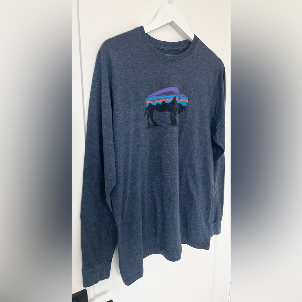 Patagonia Fitz Roy Bison Long Sleeve Shirt Men's L Blue Crew Neck Jackson Hole - Picture 2 of 9